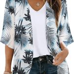 Women's Floral Print Puff Sleeve Kimono Cardigan Loose Cover Up Casual Blouse Tops